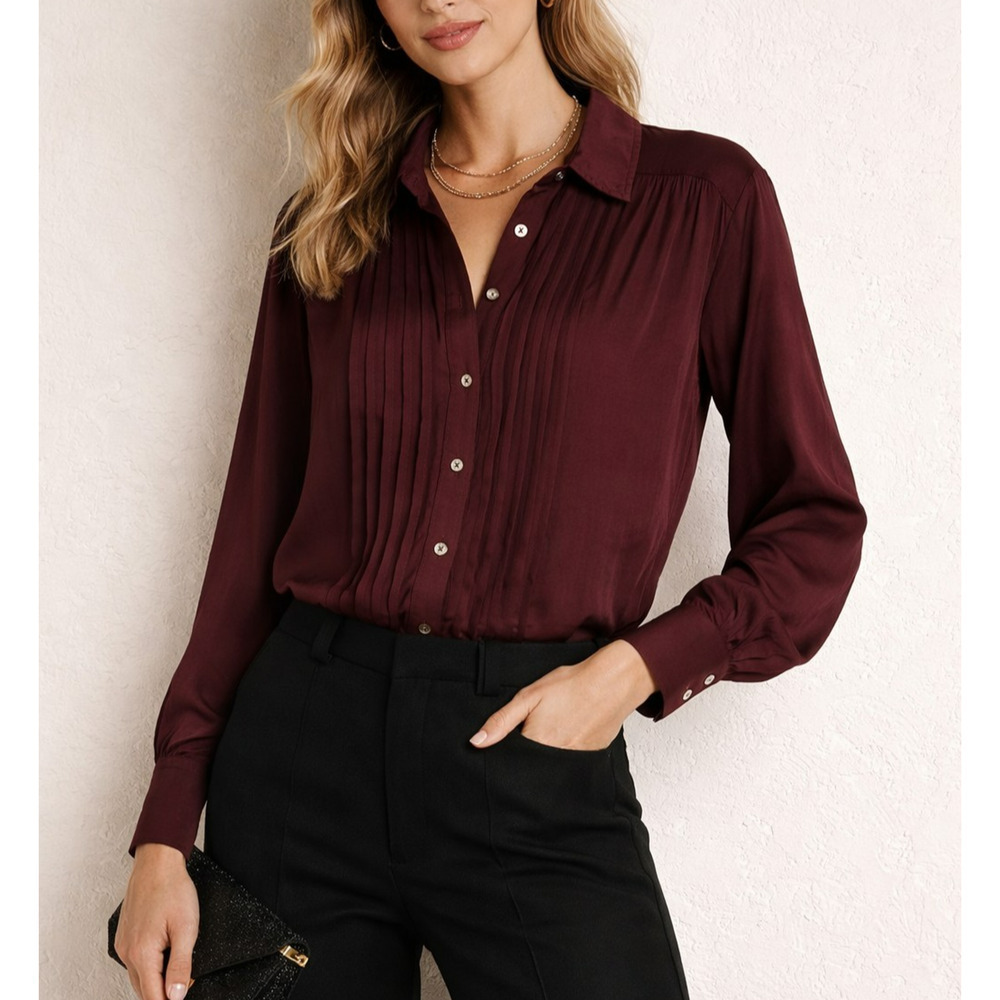 Anthropologie Tuxedo Pleats Blouse Top Size Small Plum Button Front Chic Elegant